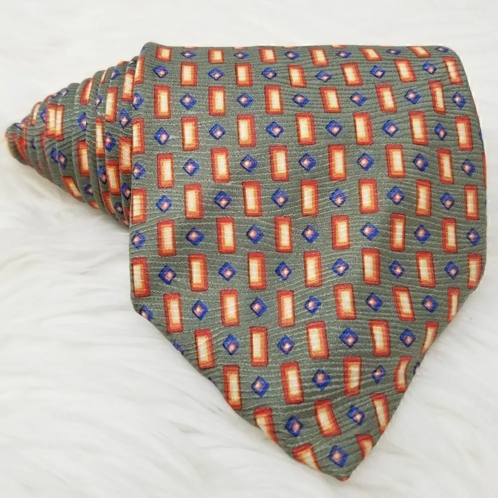 Vintage Fossil Sage Green & Orange Geometric Print Silk Neck Tie Classic